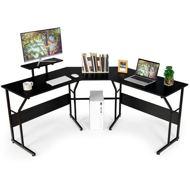 Gymax 88.5'' L Shaped Reversible Computer Desk 2 Person Long Table Monitor Stand Black