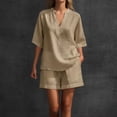 thumbnail image 2 of FINALGANG Womens Solid Color Two Piece Outfit V Neck Notch Collar Short Sleeve Top Elastic Waist Shorts Casual Matching Set For Summer Daily Wear Leisure Set, 2 of 4