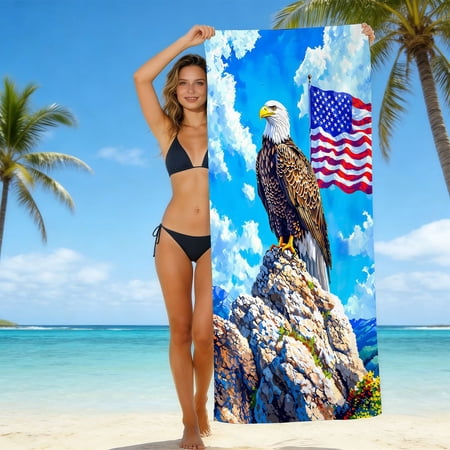 WLAGOOD Patriotic Bald Eagle Beach Towel Sand Free Fast Drying Super Absorbent Towel Lightweight Portable Design for Beach Pool Travel Camping and Yoga Activities