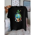 thumbnail image 2 of Women's Earth Graphic T-Shirt - Our Planet Design with Peace Symbol & Multicultural Unity Art, Casual Short Sleeve Round Neck Tee, Machine Washable, Soft Material, Global Awareness, 2 of 8