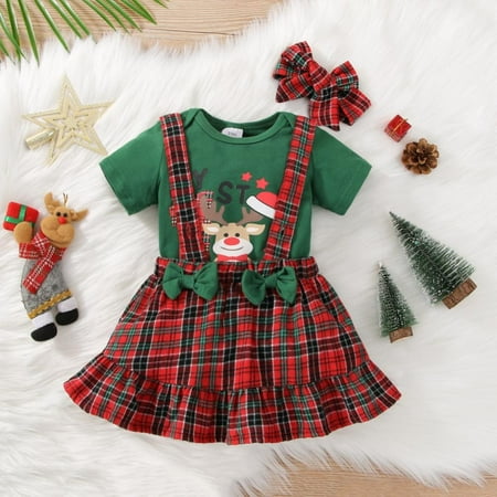 

Baby Girl Christmas Outfit Dress Ruffle Short Sleeve Romper+Plaid Strap Skirt+Headband 3Pcs 0-3 Months