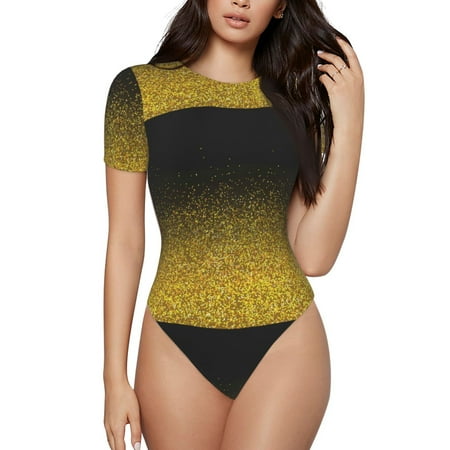 Daiia Gold Glitter Gradient Women S Crew Neck Short Sleeve Slim Fit T Shirts Tops Basic Bodysuit Leotard Clothing-Xx-Large