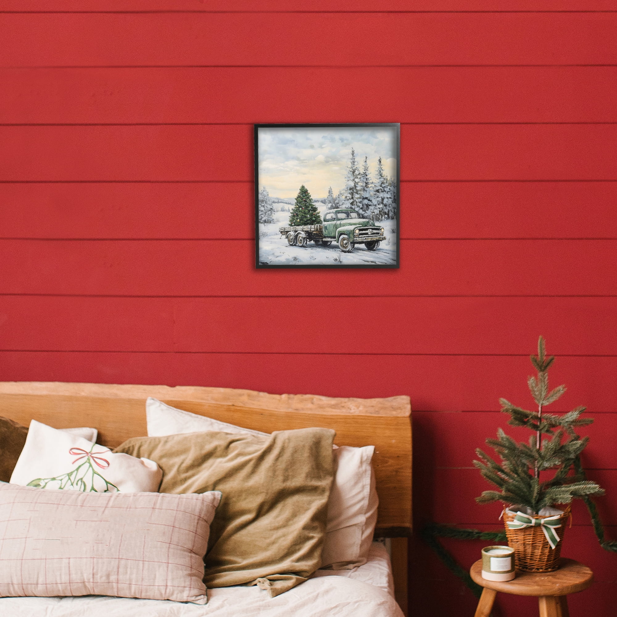 Green Christmas Tree Truck Black Framed Giclee Art, design by Petal Prints Design