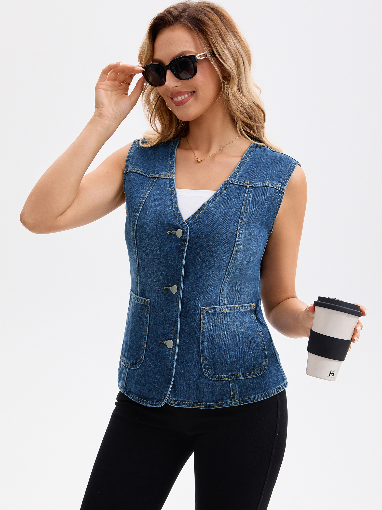 DARING DIVA Women's V Neck Patch Pockets Button Down Sleeveless Jacket XL Dark Blue