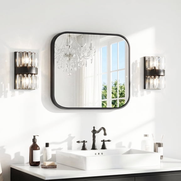 VONIGEE Bathroom Mirror Rounded Corner– 18"x18" Shatterproof Square Black Wall Mirror Aluminum Frame ,Vanity Mirror