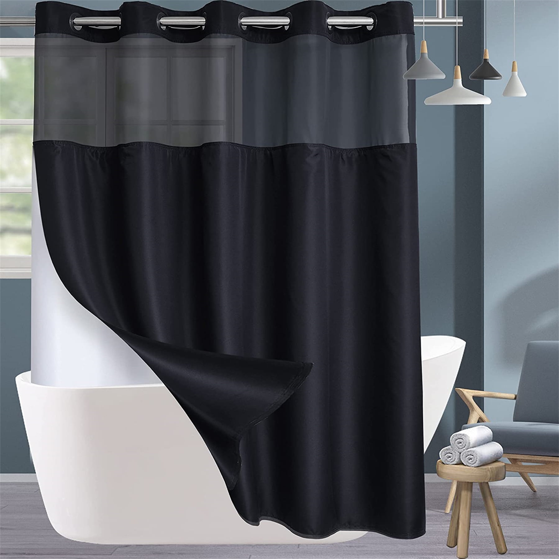 Hotel style shower curtain without hook, with embedded lining, suitable
