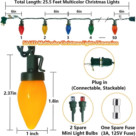 YUYAN-Christmas Lights Outdoor 25.5Ft, C7 LED Christmas Light with 50 Shatterproof Multicolor Bulb Lights, Plug in Vintage Xmas Light for Tree Patio Camping Garden Wedding Xmas Decor