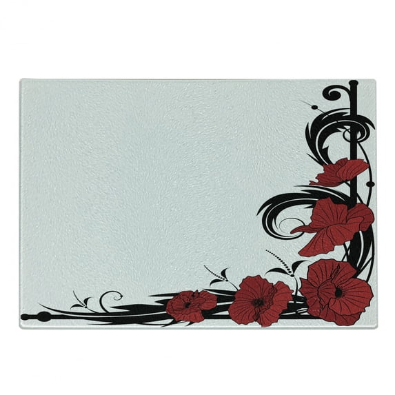 Art Nouveau Cutting Board, Poppy Bouquet Branches Romantic Pastoral Idyllic Meadow Blossom Vintage, Decorative Tempered Glass Cutting and Serving Board, Small Size, Black Ruby White, by Ambesonne