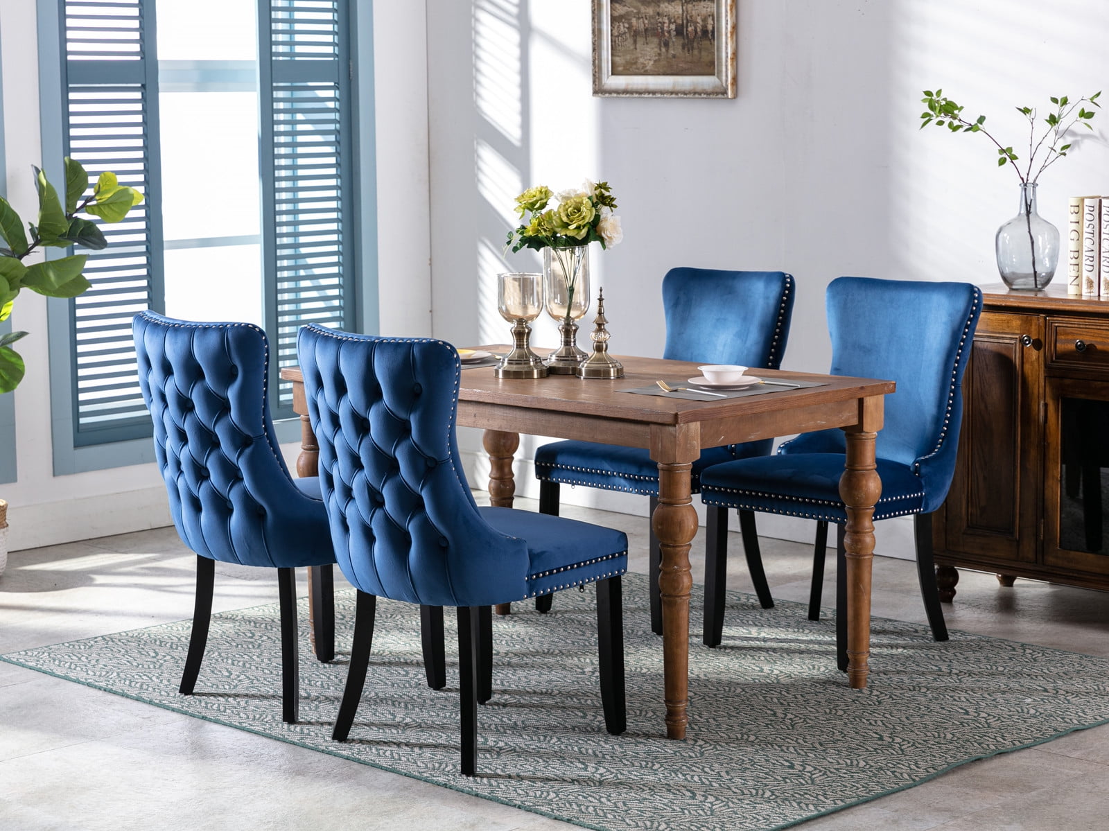 Wing-Back Button Tufted Dining Chairs, High-end Velvet Upholstered Dining Chairs with Nailhead Back and Solid Wood Legs, Solid Wood Dining Chairs for Kitchen Bedroom Dining Room (Blue,Set of 2)