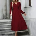 thumbnail image 5 of Ashirexll Long Sleeve Maxi Dress, Womens Fall Dresses, Women's V-neck Wool Dress Long Sleeve Waist Cinching Long Dresses, 5 of 6