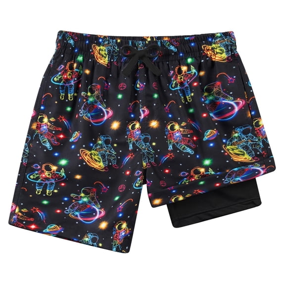 Rggeeun Toddler Boys Swimsuit Set Cute Spaceship Pattern Double Layer Wide Leg with Adjustable Tie Knee Length for Summer Holiday Beach Leisure Swimwear,Black,6-7 Years