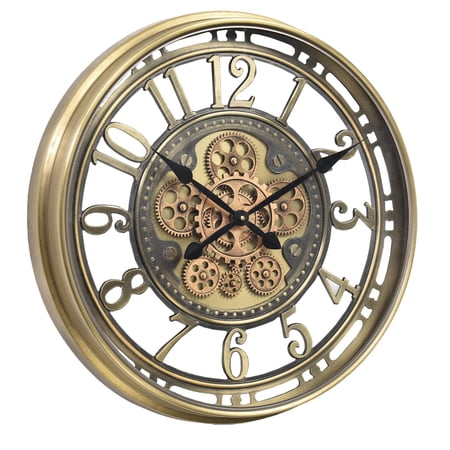 21 Inch Steampunk Moving Gears Wall Clock, Large Metal Arabic Numeral Gold