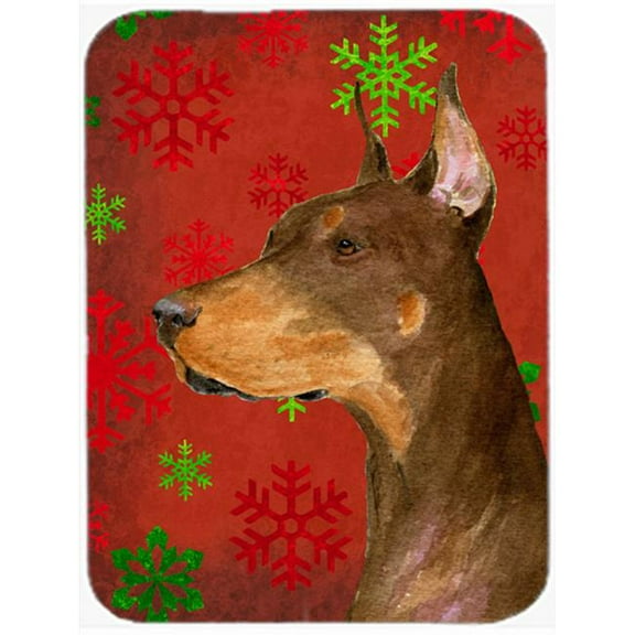 Doberman Red and Green Snowflakes Holiday Christmas, Glass Cutting Board - Large