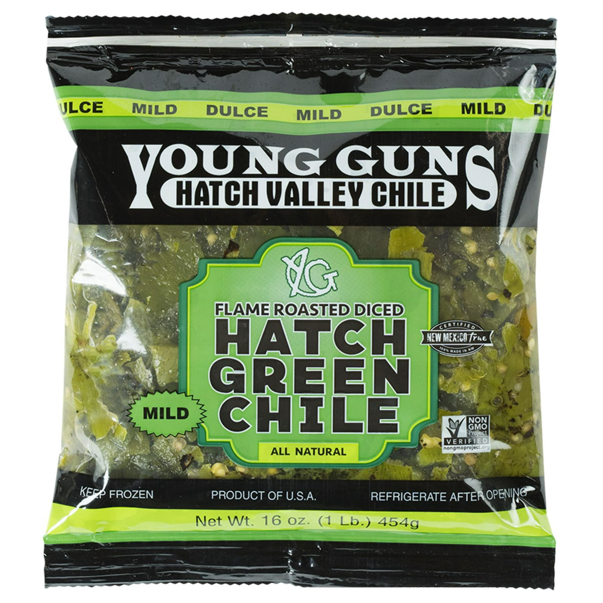 Young Guns Mild Diced Green Hatch Chile, Frozen 16oz Bag
