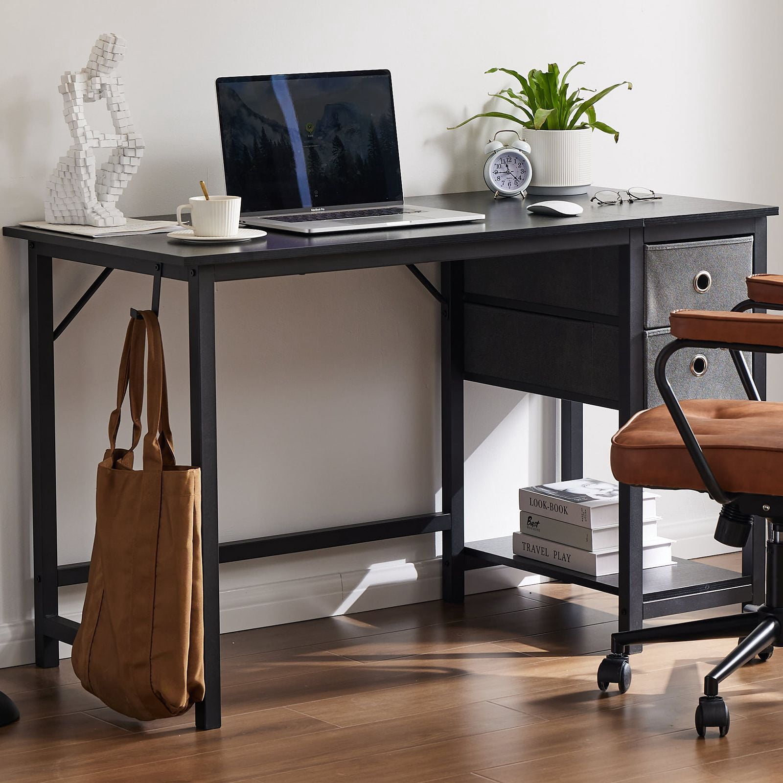 GIANNA 48 Inch Computer Desk, With 2-Tier Drawers Storage Shelf, Side Headphone Hook, Black