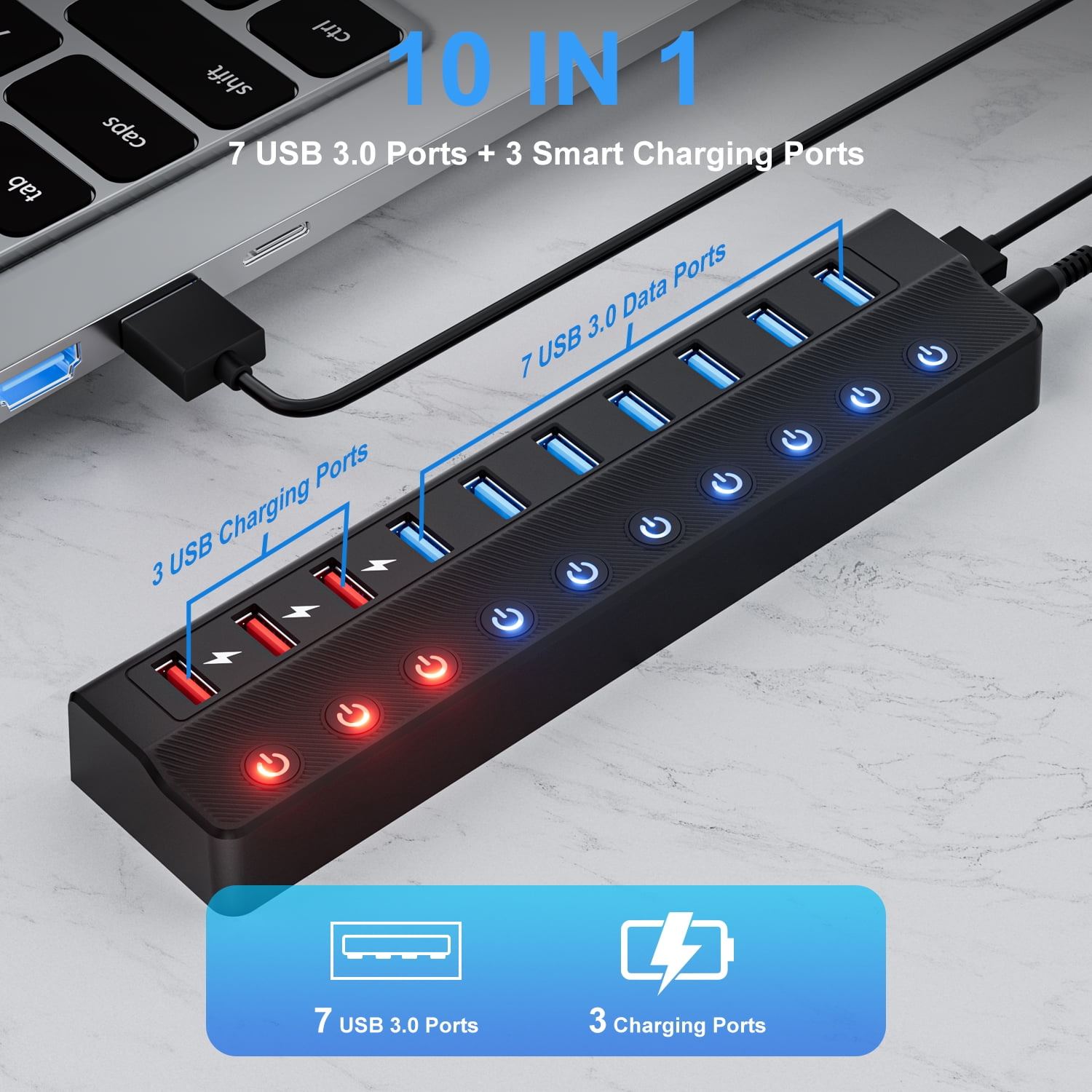 Powered USB Hub 3.0, 10-Port USB Splitter Hub (7 Faster Data Transfer Ports+ 3 Smart Charging Ports) with Individual LED On/Off Switches and 12V/3A Power Adapter USB Extension for Mac, PC and More