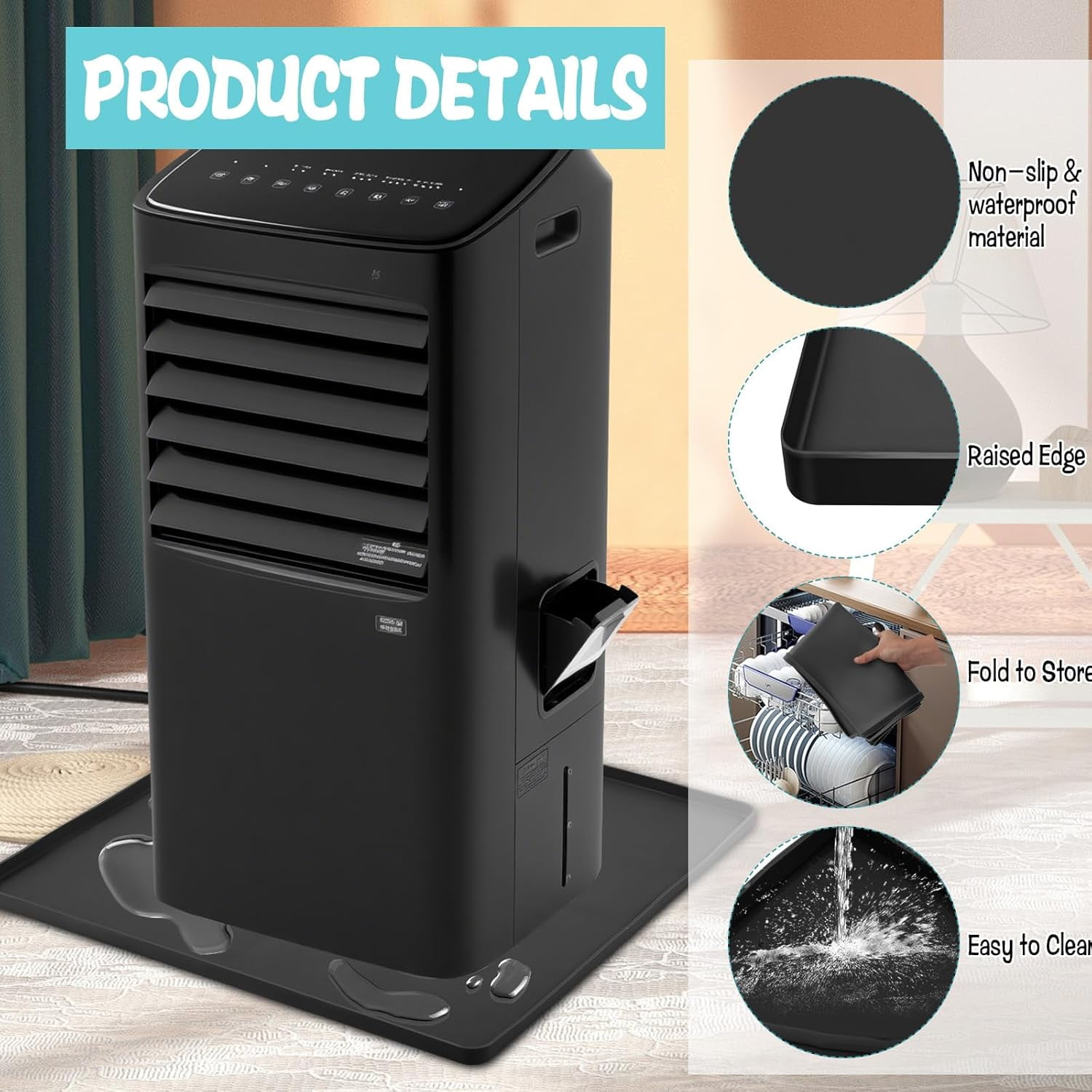 ABPETE  Air Conditioner Drip Pan with Raised Edge, 23.6" x 25.6" Silicone AC Drain Pan for 5,000 to 14,000 BTU AC Unit, AC Drip Tray for Catching & Preventing Condensate Leakage, Black