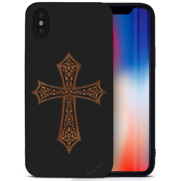 Case Yard Wooden Case for iPhone-X Soft TPU Silicone cover Slim Fit Shockproof Wood Protective Phone Cover for Girls Boys Men and Women Supports Wireless Charging Cross 7 Design