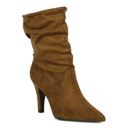 Qupid - Women Faux Suede Slouchy Pointy Toe Stiletto Mid Calf Boot ...