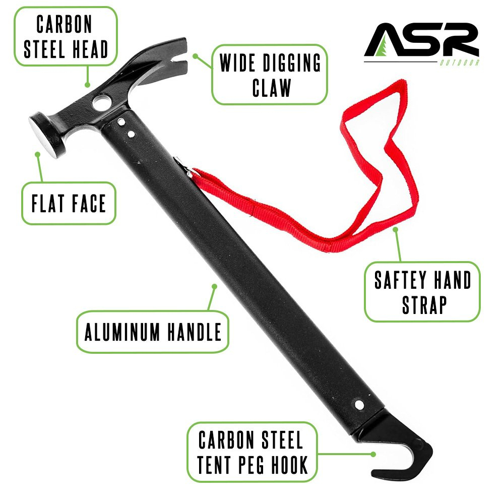 ASR Outdoor 13oz Aluminum Handle Carbon Steel Hammer with Tent Stakes Puller Hand Tools Camping Essentials 12 Inch