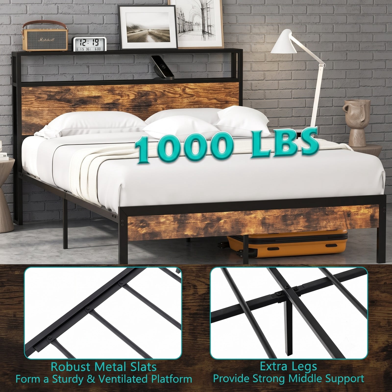 Furnibear Queen Bed Frame with Storage Headboard, Charging Station and USB Ports, Metal Platform Bed, No Box Spring Needed, Rustic Brown and Black