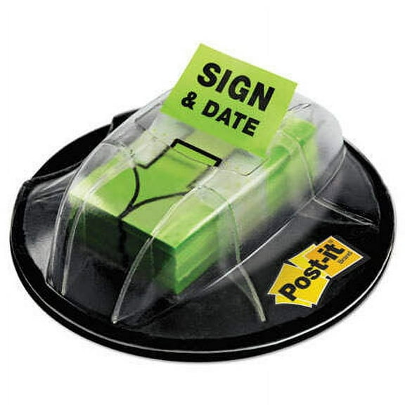 Post-it Page Flags in Dispenser, "Sign and Date", Bright Green, 200 Flags/Dispenser (680HVSD)