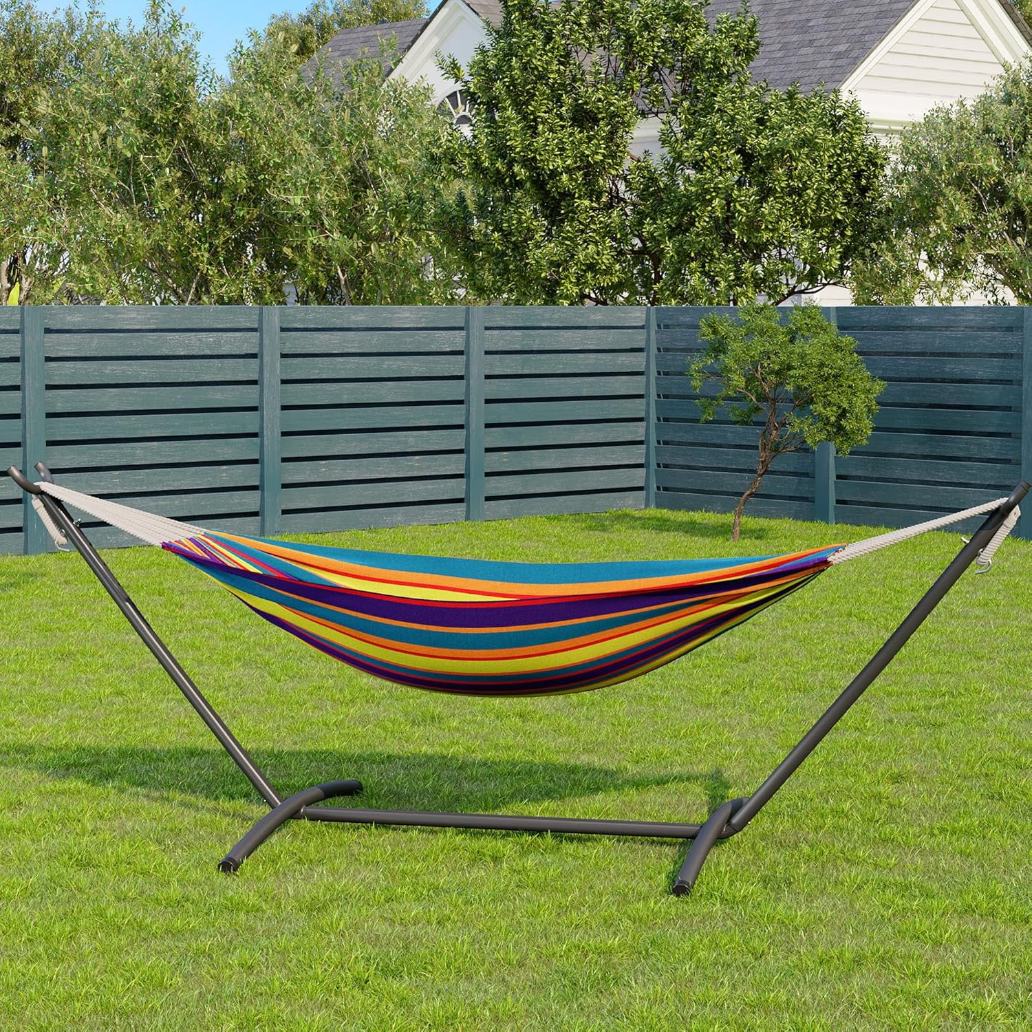 Double Hammock with Foldable Steel Stand and Carrying Bag, Portable Freestanding Hammock for Indoor & Outdoor Use, 450 lbs Capacity, Ideal for Garden, Patio, Camping, Beach, Tropical