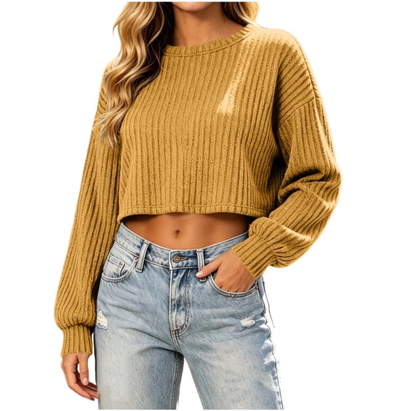 NominalSnug Womens Ribbed Knit Cropped Tops Crewneck Long Sleeve Shirts Loose Fit Casual Pullover Fall Outfits
