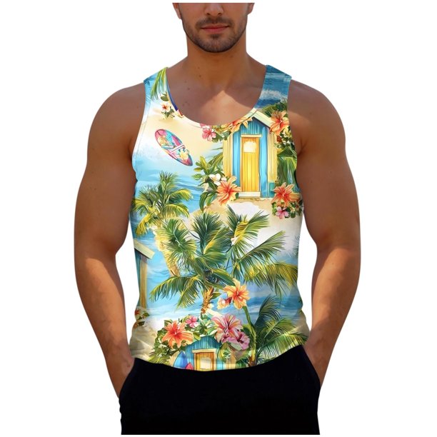 Camisas de Suéter para Hombre, Moda Casual Impresión Cuello Redondo sin Mangas Tanque Deportivo para el Verano Y Al Aire Libre