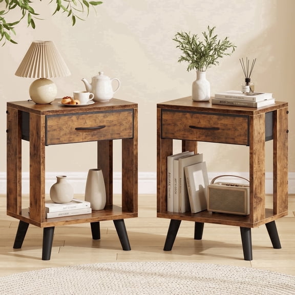HIGDBFE Nightstand Set of 2 with Fabric Drawers, Bedside Table with Open Shelf, Side and End Table for Bedroom, Living Room, Brown
