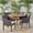 Teak/Multibrown/Beige, variant on Priscilla Outdoor 5 Piece Acacia Wood and Wicker Dining Set with Cushions, Gray, Gray, Silver