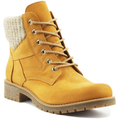 

JUSTINREESS Sophia Women s Leather Lace Up Hiker Ankle Boot In Mustard Size 8