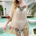 thumbnail image 2 of Tqyyweavej Dresses for Women Vintage Sheer 3/4 Length Sleeve Bathing Suit Coverups Solid Color Crewneck Swimsuit Cover Up with Tassels, 2 of 9