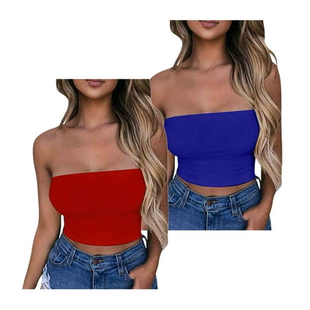 Lovskoo Womens 2 Pack Tube Tops Crop Tops Going Out Strapless Basic Backless Bandeau Bra Summer Outfits 2024 Y2K Clothes Blue + Red