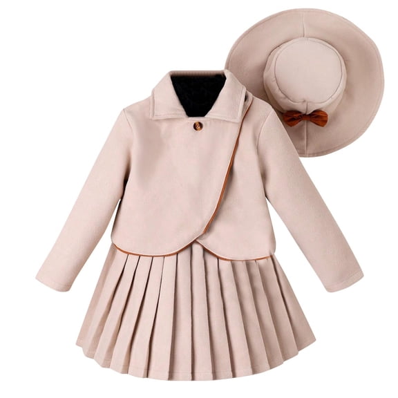 Odeerbi 3-7 Years Toddler Girls Cotton Outfits Long Sleeve Jacket Pleated Skirt with Bucket Hat Three-piece Set Solid Color Skirt Set Toddler Girls Clothes