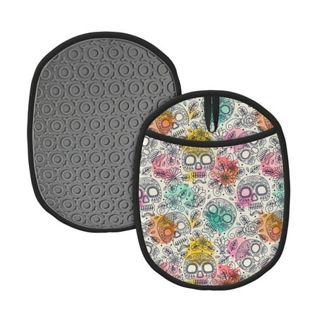 

Qekee Skull and Flowers Pattern Silicone Pot Holders Oven Mitts Heat Resistant Hot Pads Non Slip Pot Holder Towel Cloth Interior Lining
