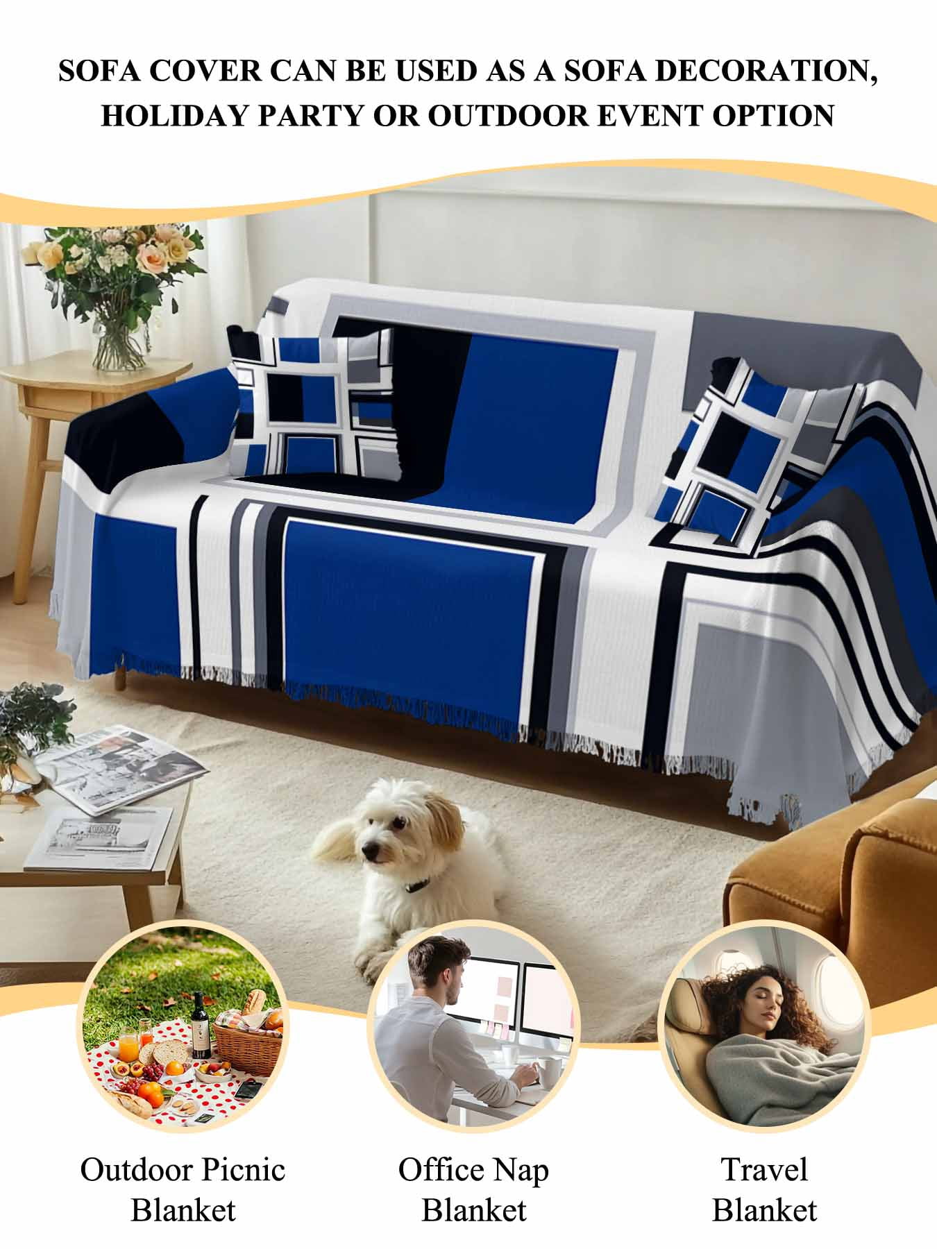 Blue Grey Geometric Couch Cover, Abstract Art Irregular Contemporary Oversized Sofa Cover Blanket for 3 Cushion Couch, Sectional Sofa Slipcover Furniture Protector for Living Room Bedroom 71''x150''