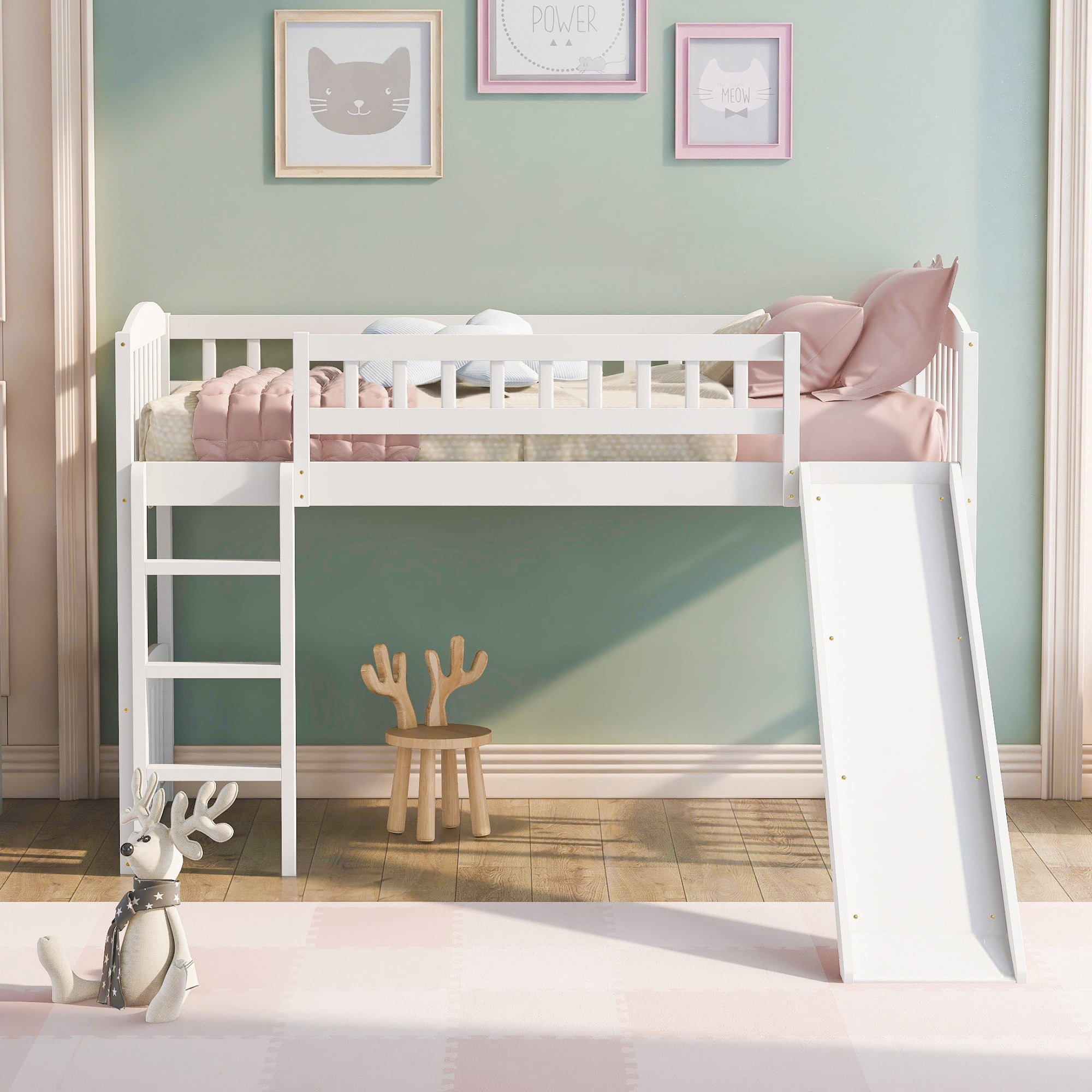 Aukfa Solid Wood Loft Bed with Slide for Kids Girls Boys, Twin Size, White