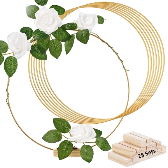 25 Pcs Gold Metal Floral Hoops with Wooden Stands - Elegant Table Centerpieces for Wedding, Party Decor | Rustic DIY Wreath Rings for Wreath Crafts, Wall Hanging (12 Inch)