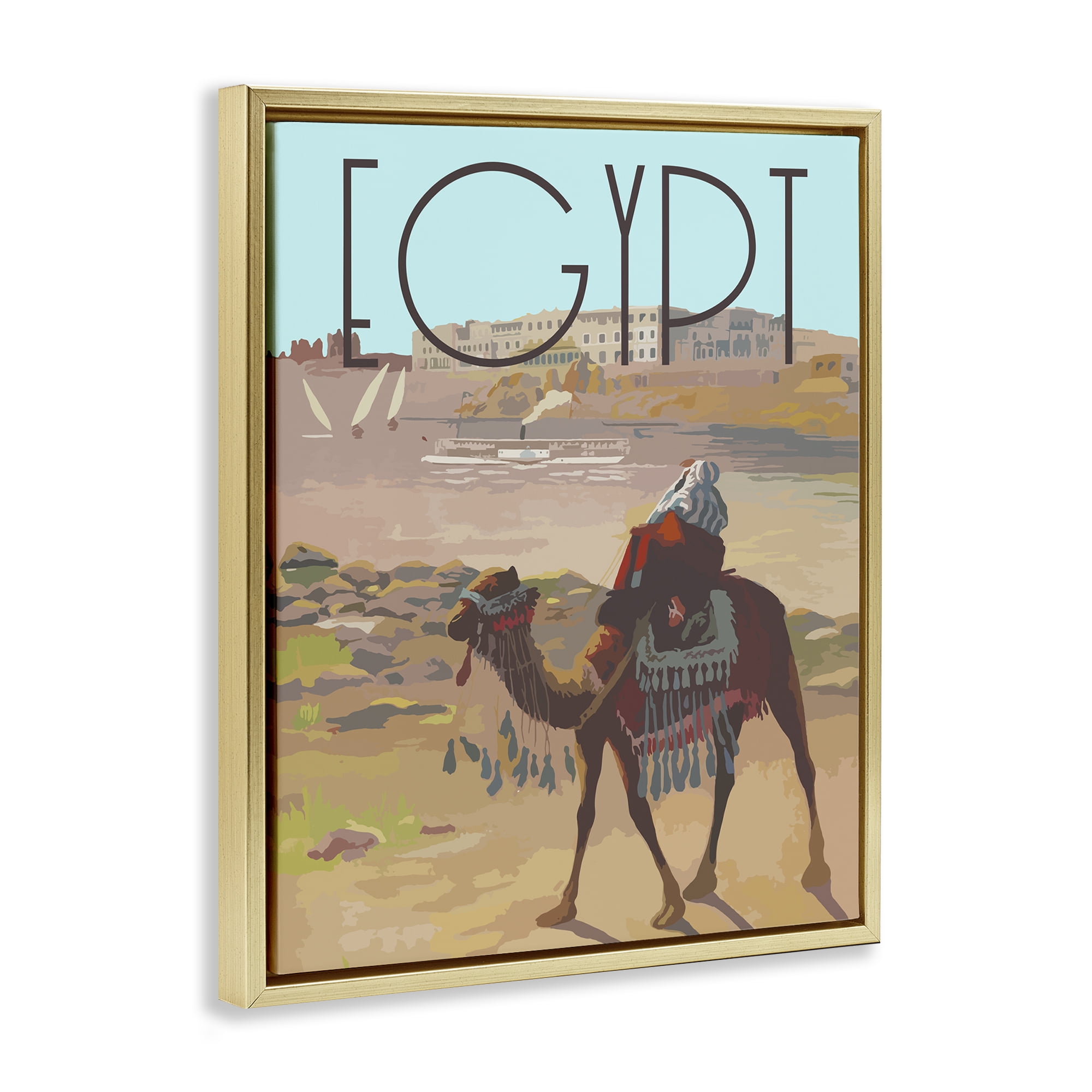Stupell Industries Egypt Camel Scene Landscape & Nature Painting Gold Floater Framed Canvas Art Print Wall Art, 25 x 31