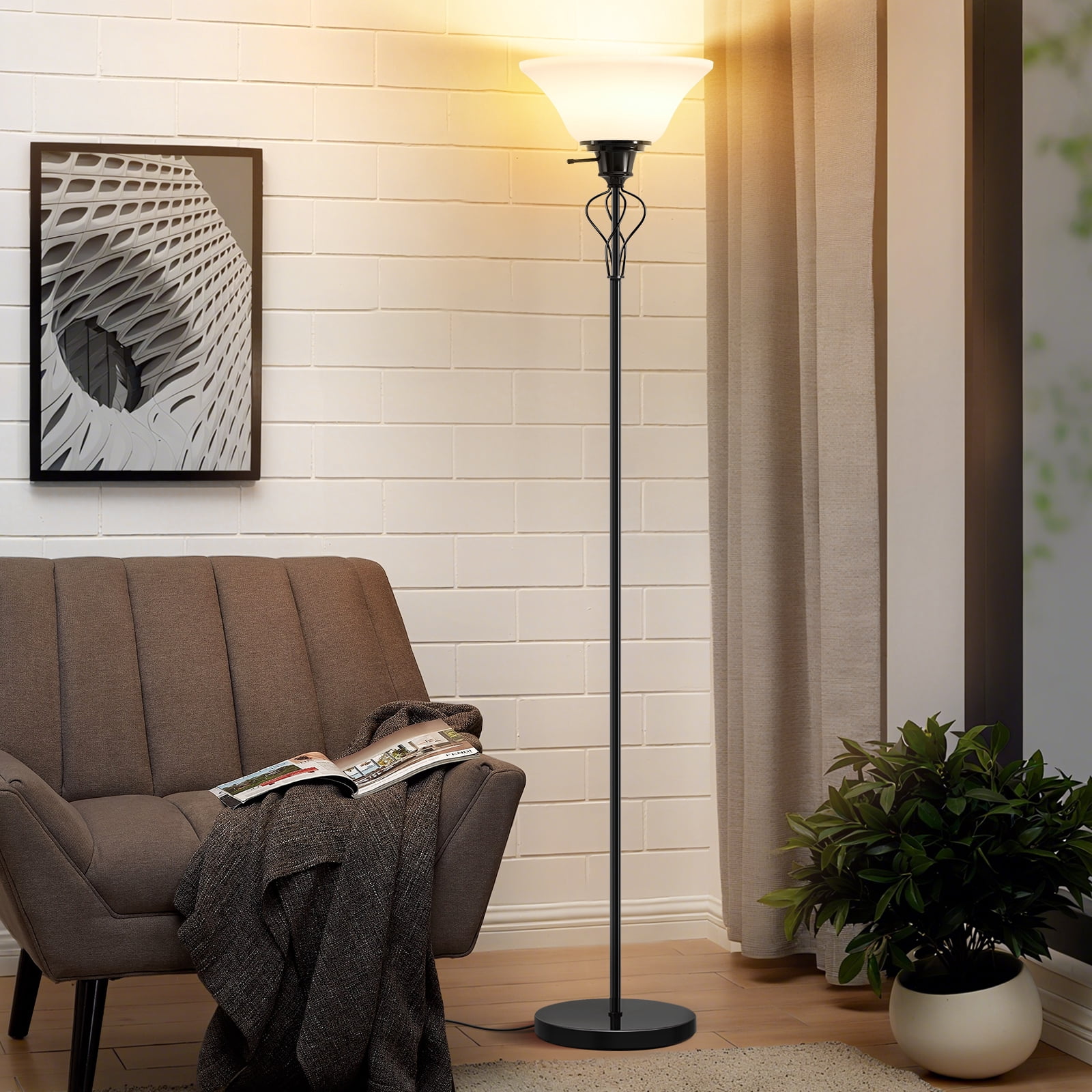 NATYSWAN Floor Lamp for Living Room,70in Black Standing Lamps with Sturdy Metal Base and White Lampshade,Modern Torchiere Tall Lamp for Bedroom Office,Rotary Switch