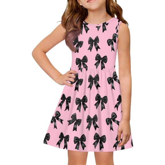 Grblisyd Girls Summer Dress Coquette Bow Print Ruched Casual Sleeveless A Line Dress Crew Neck Swing Twirly Sundress Kids Cute Sun Dress 4-8T