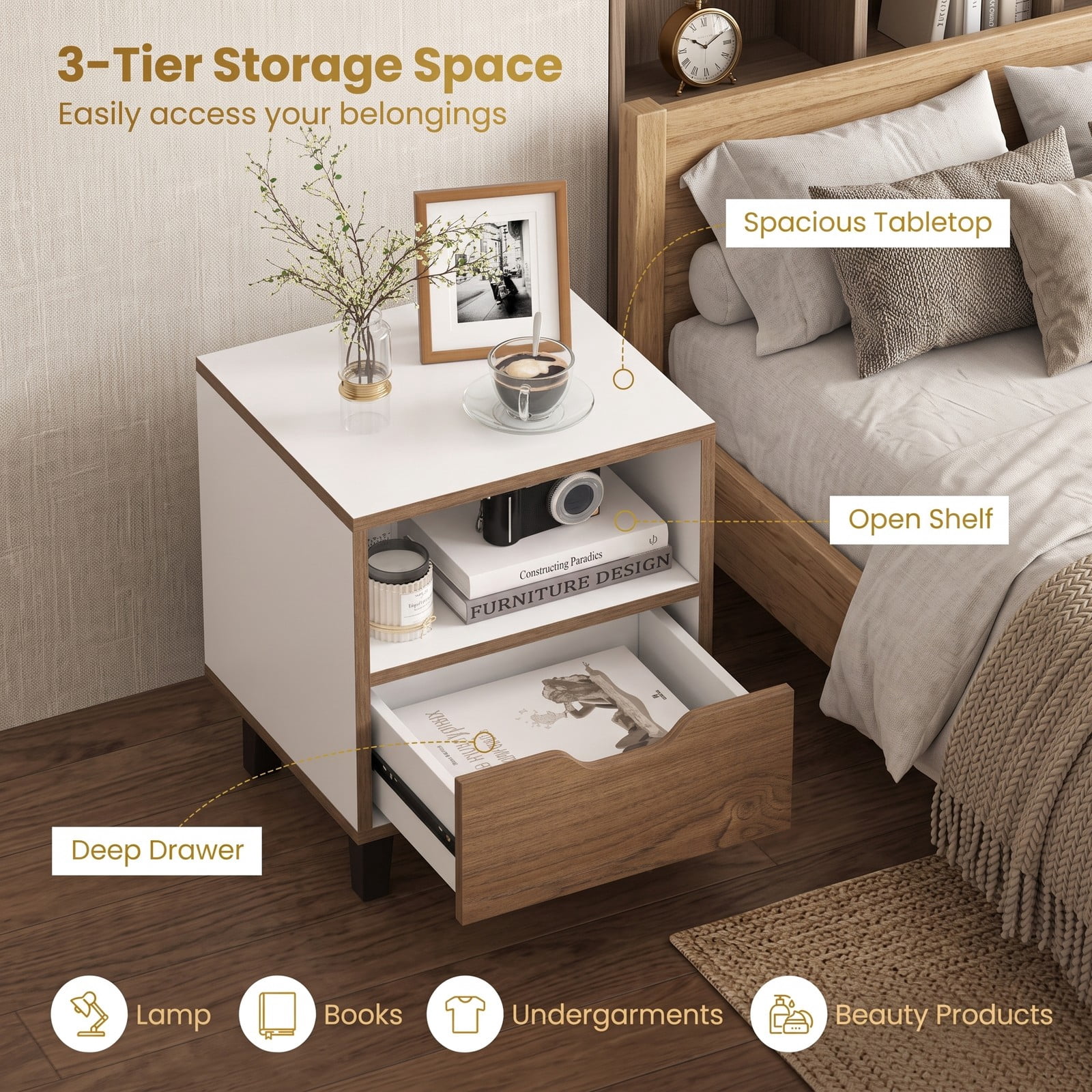 Furnibear Nightstand with Drawer and Open Storage Shelf, Two-tone Bedside Table with Metal Legs for Bedroom and Sofa Side, White