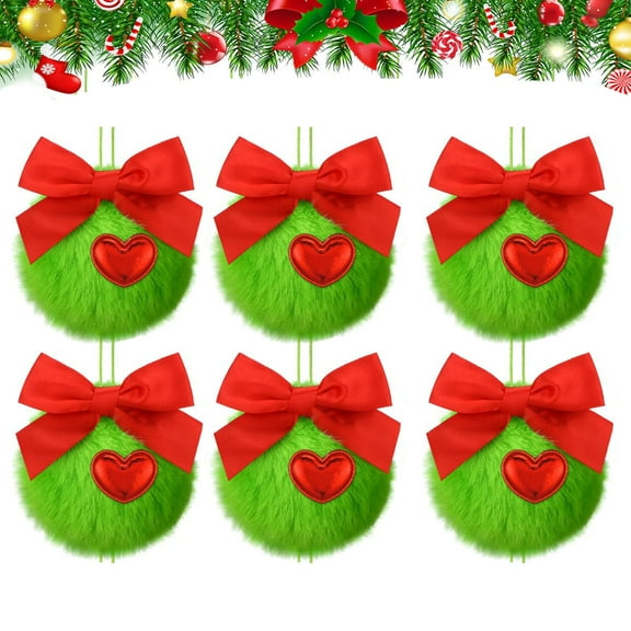 6 Pcs Green Furry Christmas Ball Ornaments Furry Elf Ornaments with Red Bow Cute Christmas Hanging Decorations Soft Faux Fur Pom Pom Ball Ornaments for Christmas Party Tree Home Supplies