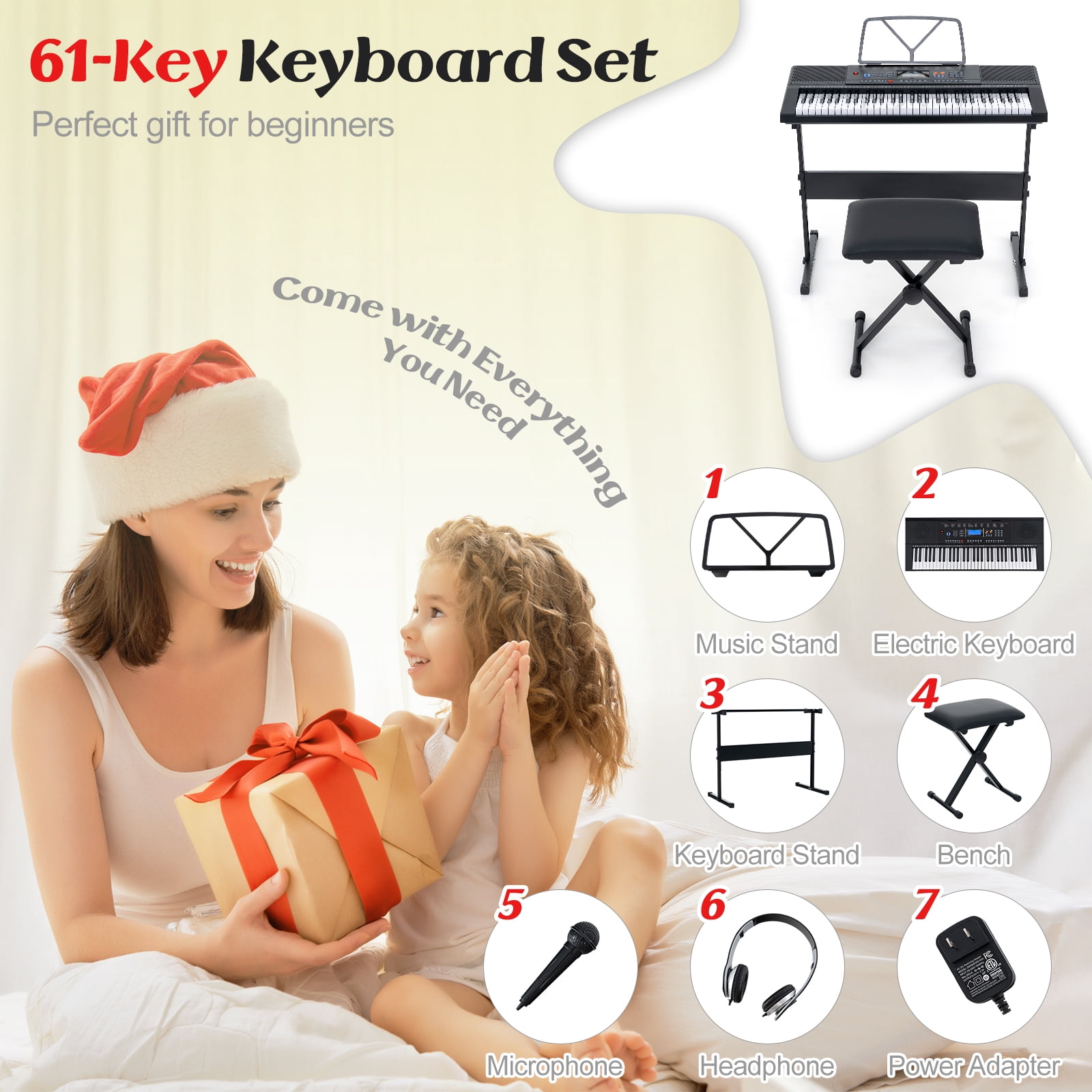 Costway 61 Keys Portable Electronic Keyboard Piano Set with Folding Bench 300 Timbres 300 Rhythms