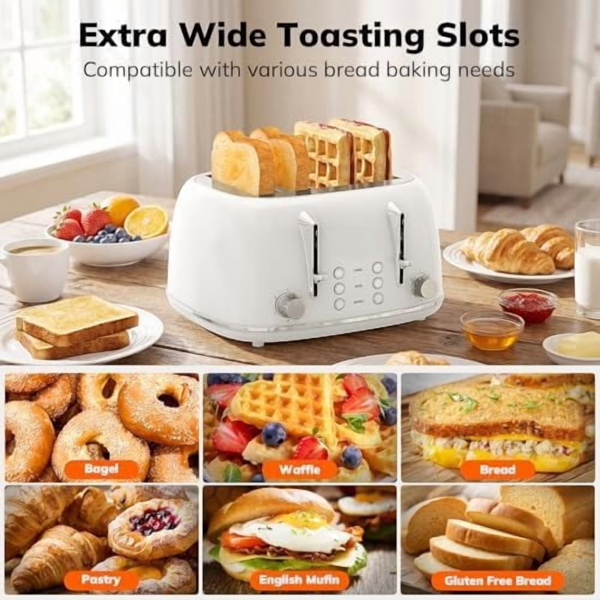 Toaster 4 Slice, Retro Stainless Steel Wide Slot Toaster with Dual Independent Controls, 6 Browning Levels, Bagel, Defrost, Reheat & Cancel, Removable Crumb Tray, White
