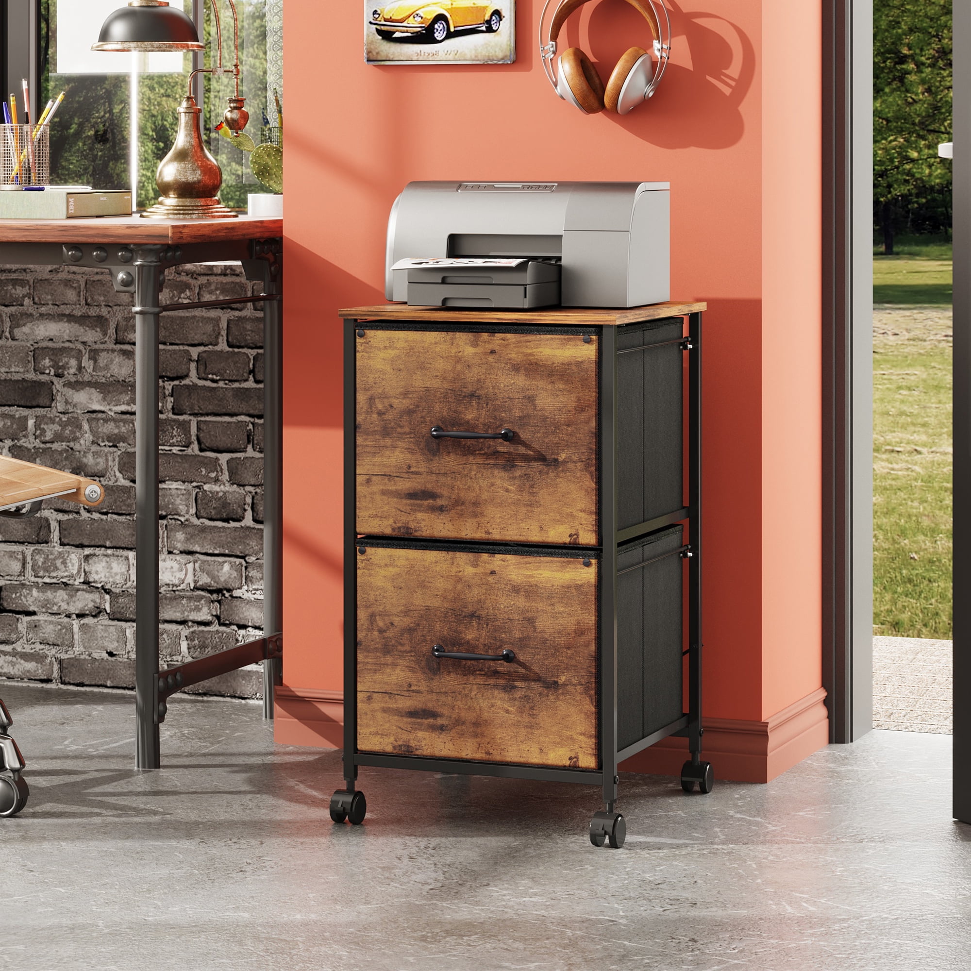 GALAXHERO 2 Drawer File Cabinet, Rolling Printer Stand Small Filing Cabinets for Home Office, Fabric Vertical File Cabinet Fits A4 or Letter Size, Rustic Brown Wood Grain