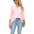 thumbnail image 1 of Mujeres 3/4 manga camisa plisada V cuello abajo cuello V cuello puro color mujer Camiseta básica para fiesta Oficina viajes rosa L, 1 of 6