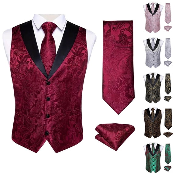BVOFAR Mens Paisley Suit Vest Tie 3 PC Formal Floral Jacquard Waistcoat with Necktie Set Wedding Prom Evening Vests Gold XXXL