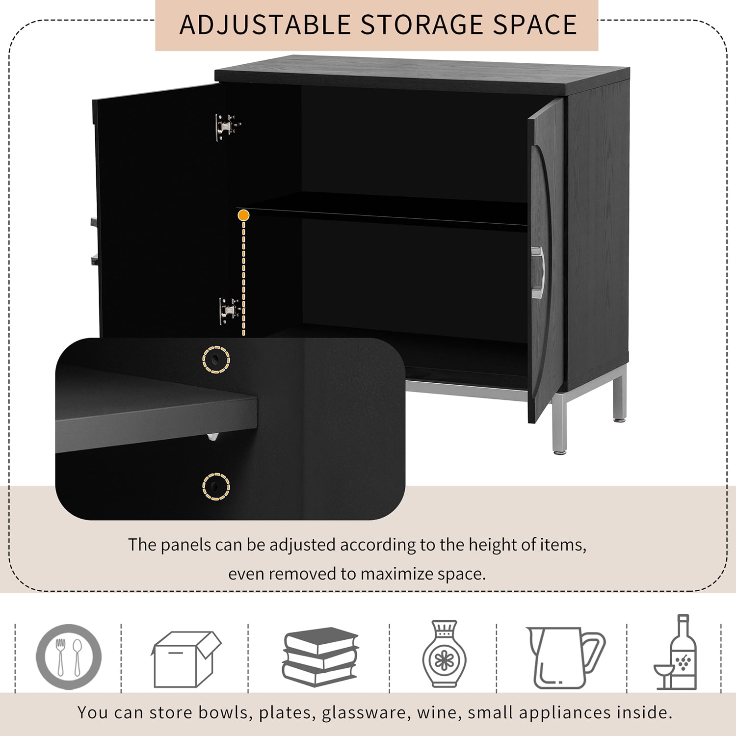 Kadyn Sideboard Buffet Cabinet, Accent Cabinet with Solid Wood Veneer and Metal Leg Frame, Kitchen Storage Cabinet for Entryway,Black